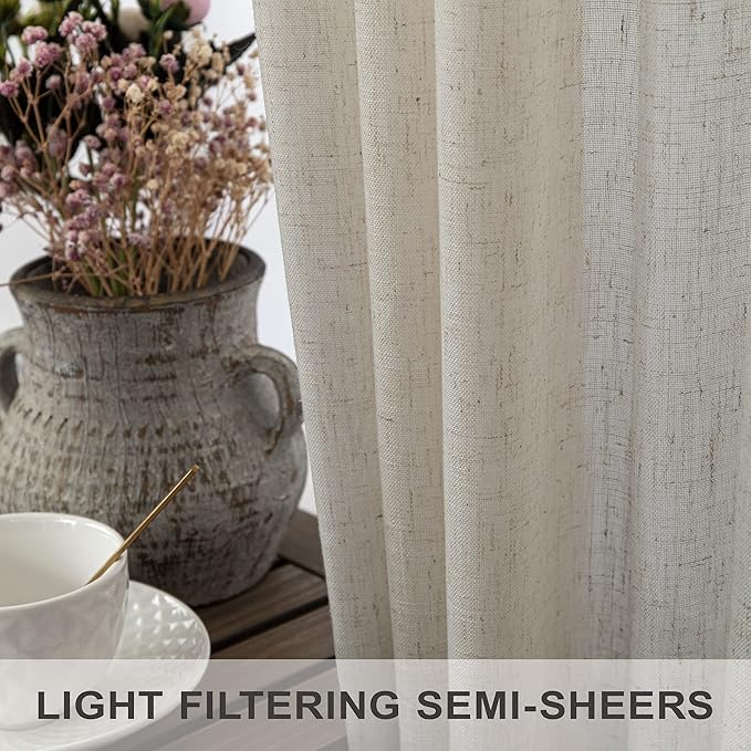 Pitalk Beige Curtains 86 Inches Long for Living Room 2 Panel Set Back Tab Light Filtering Privacy Semi Sheer Flax Linen Pleat Curtains Rustic Farmhouse Boho Decor Cotton Textured Gauze Drapes 52 x 86