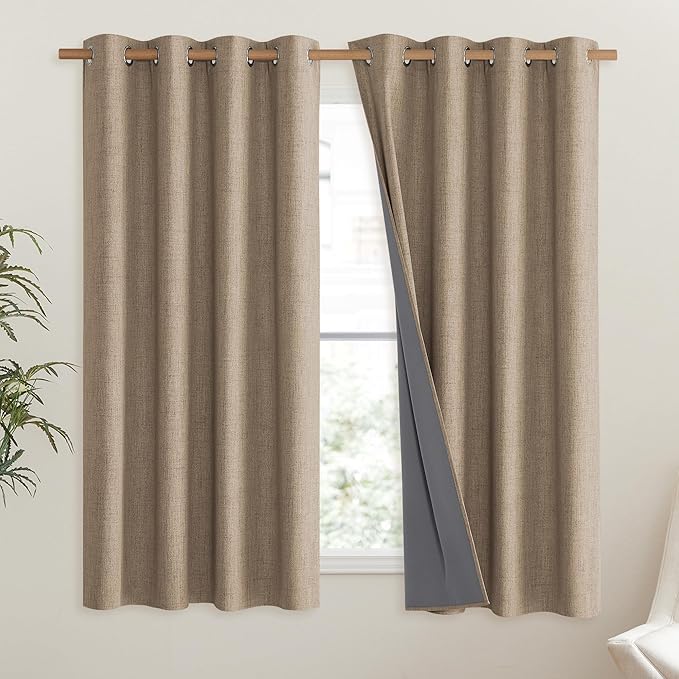 NICETOWN Burlap Vintage Open Linen Weave Flax Thermal Curtains, 100% Blackout Curtains 63" Long for Dining Room, Soundproof Window Treatment Drapes for Hall Room, 52" Wide Per Panel, Set of 2