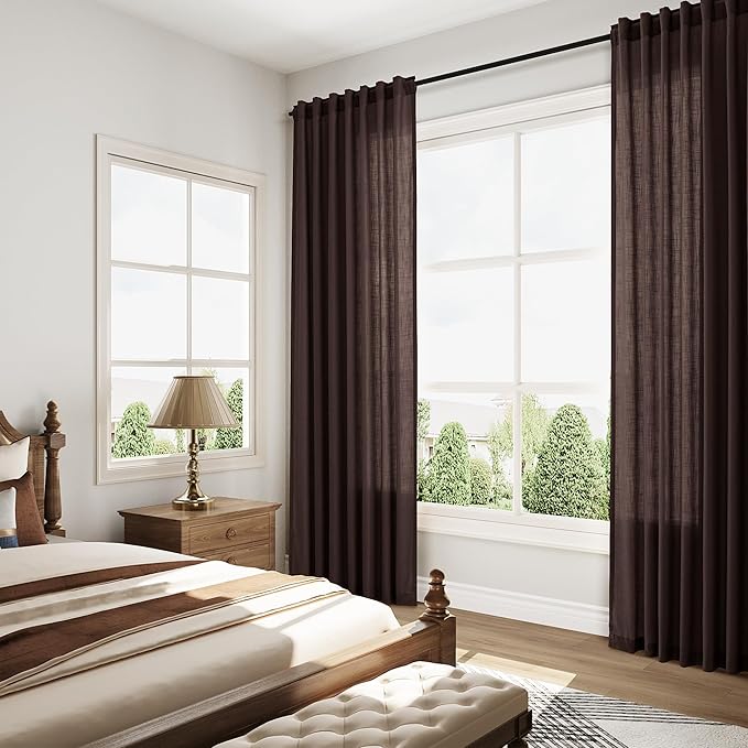 Coffee Brown Curtains 72 inch Length for Living Room/Study Room Back Tab Rod Pocket Linen Semi Sheer Modern Farmhouse Curtain Coastal Decor Cotton Textured Gauze for Dining Room Office 2 Panels