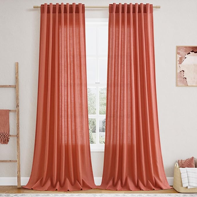 Nanspring Coral Linen Curtains 120 Inches Long 2 Panels Set Back Tab Loop Pocket Light Filtering Semi Sheer Boho Large Window Decor Extra Long Drapes for High Ceiling Living Room 52x120