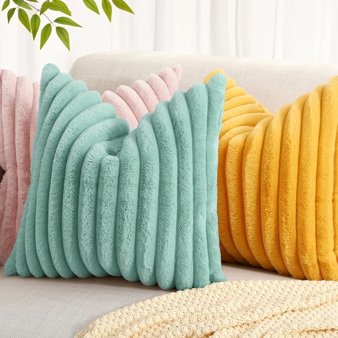 decorUhome Summer Cozy Faux Fur Throw Pillow Covers 16x16 Set of 2 Decorative Soft Plush Striped Modern Farmhouse Boho Couch Pillow Cases with Velvet Back for Sofa Bed Living Room, Aqua