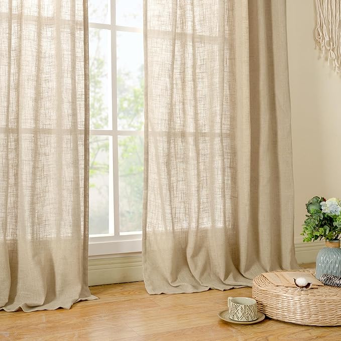 LAMIT Brown Linen Curtains 24 Inch Length, Semi Sheer Light Filtering Window Panels Back Tab and Rod Pocket Drapes for Basement/Small Windows, 25 x 24 Inch, 2 Panels