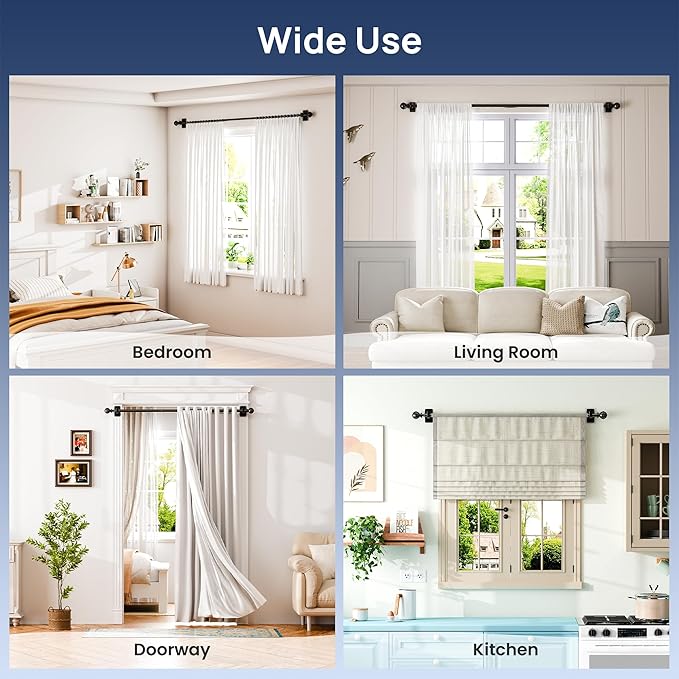 ENJOYBASICS No Drill Curtain Rods for Window 28 to 60 Inches, 5/8 Inch Diameter Renter Friendly Drapery Rod with Adhesive Brackets without Drilling, Adjustable from 27 to 65 Inches, Black