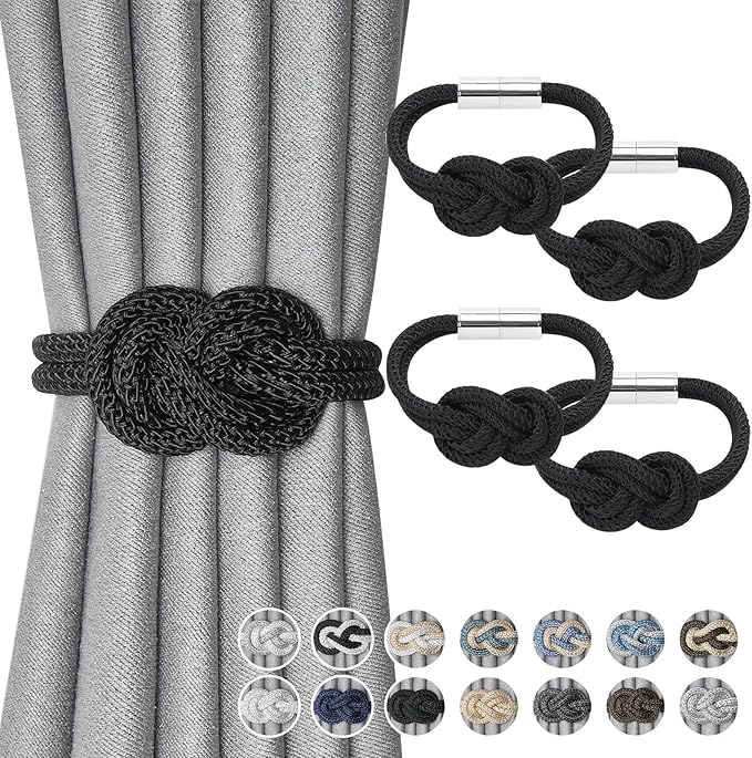 NICEEC 4 Pack Mini Magnetic Curtain Tiebacks Nordic Simple Style Drape Tie Backs Elegant Hand Weave Rope Knot Decorative Curtain Holdbacks for Home & Office Thin Window Drapery (Black)