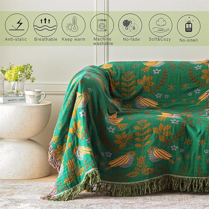 Green Fall Blanket 60''x 80'' Boho Throw Blankets for Couch Bed Chair,100% Cotton Quilts Christmas Warm Soft Blanket Muslin Bed Blankets Farmhouse Decoration