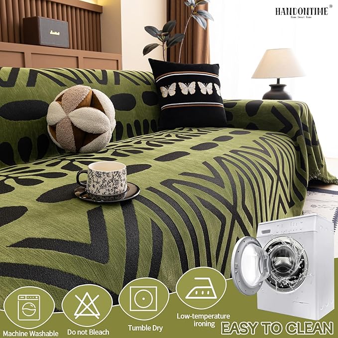 HANDONTIME Boho Couch Cover Geometric Striped Pet Covers for Couches and Sofas Olive Green and Black Dog Cover for Couch Pet Friendly Chenille Sectional Sofa Covers for Pets Washable, 71" X 134"