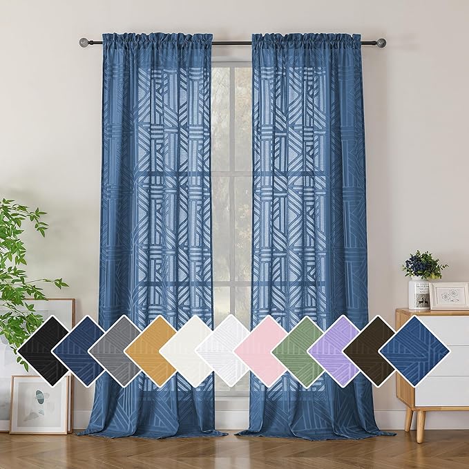 Simplebrand Dusty Blue Semi Sheer Curtains 96 Inches Long 2 Panels, Light Filtering Geometric Jacquard Clip Textured Sheer Curtains for Living Room，Modern Elegant Window Curtains Drapes，42x96 inch