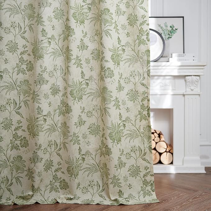 jinchan Linen Floral Curtains for Living Room with Printed Flower 84 Inches Long Light Filtering French Country Back Tab Rod Pocket Sage Green Window Curtain Set Farmhouse Drapes 2 Panels