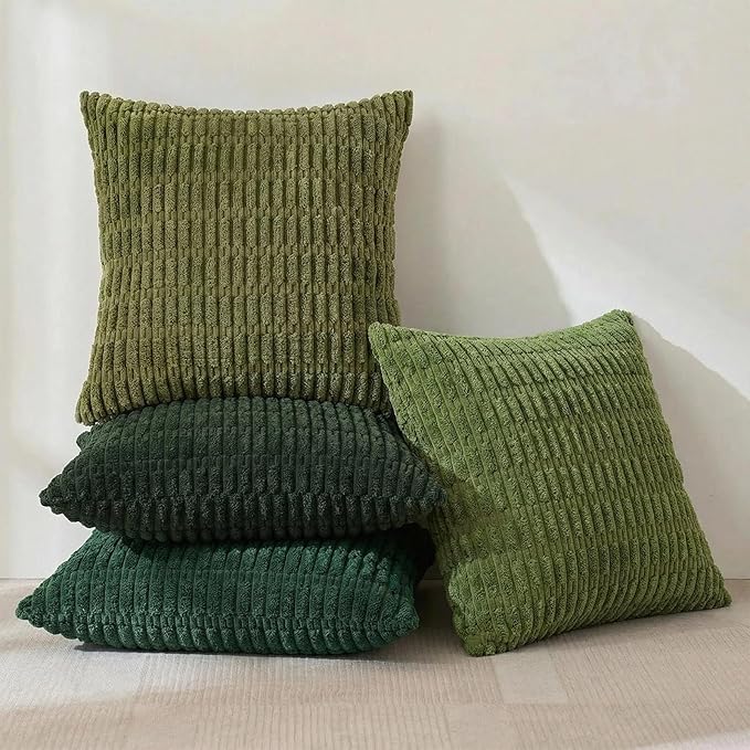 Fancy Homi Set of 4 Green Boho Spring Decorative Throw Pillow Covers 20x20 Inch for Couch Bed Sofa, Aesthetic Modern Bohemian Room Decor, Soft Fuzzy Fluffy Corduroy Textured Cushion Case 50x50cm