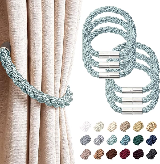 NICEEC 6 Pack Strong Magnetic Curtain Tiebacks Modern Simple Style Drape Tie Backs Convenient Decorative Weave Rope Curtain Holdbacks for Thin or Thick Home & Office Window Draperies (Blue-Grey)