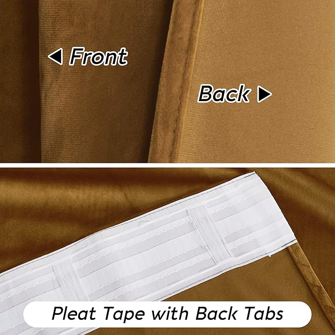 RYB HOME Brownish Gold Velvet Curtains 96 inch, Retro Vintage Room Darkening Window Curtains for Living Room Thermal Insulated Shades with Pleat Tape Pocket & Tabs for Bedroom, W52 x L96 inch, 2 Panel