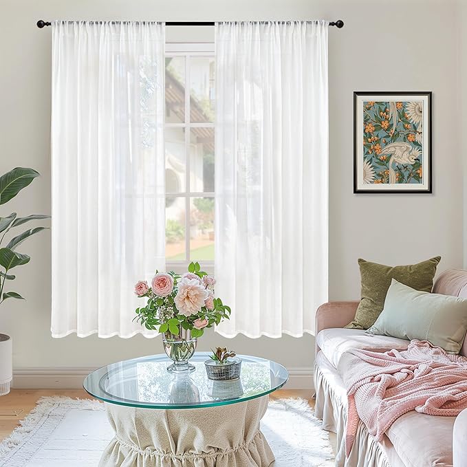 BGment 72 Inch Length White Linen Curtains for Living Room - Rod Pocket Semi Sheer Drapes Light Filtering Window Treatments for Bedroom Dining Lightweight Rustic, 2 Panels Set, 52 X 72 Inch