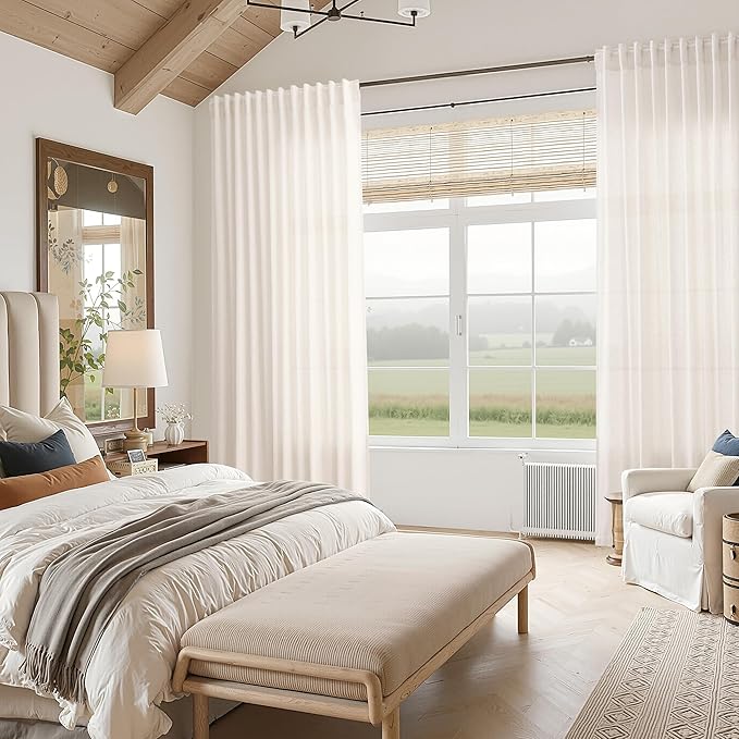 Nanspring Ivory White Curtains 80 Inches Length for Living Room Back Tab Rod Pocket Semi Sheer Linen Drapes Muted Neutral Boho Linen Window Curtain for Bedroom/Dining Room 52X80 Inches