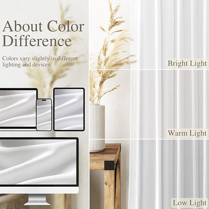 Nanspring White Linen Curtains 89 Inches Long for Bedroom Back Tab Light Filtering Privacy Sheer Curtains Modern Farmhouse Decor Linen Textured Gauze Curtain for Bathroom 2 Panels Set 52x89