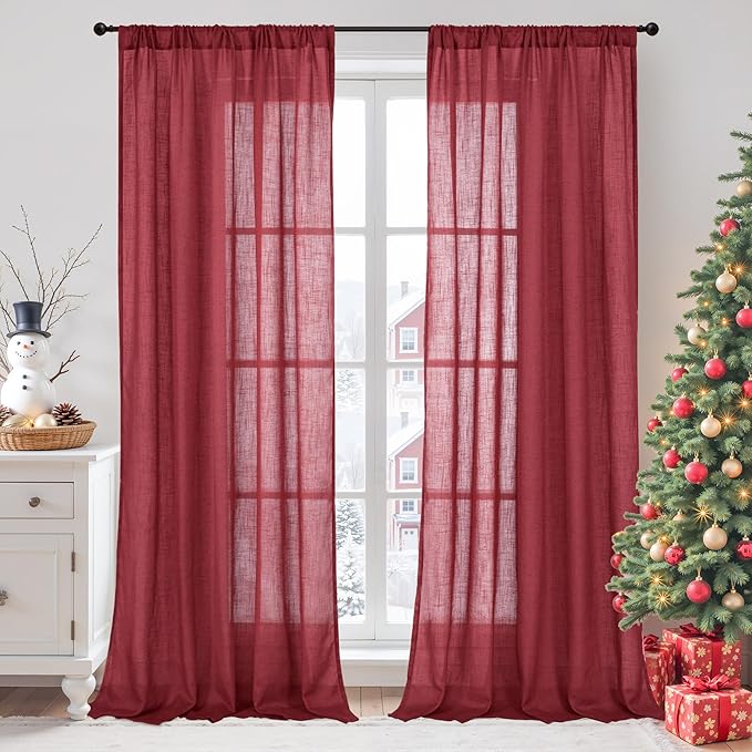 BGment Long Linen Semi Sheer Curtains 102 Inch Length for Living Room, Burgundy Lightweight Window Drapes for Bedroom with Rod Pocket Rustic Textured, 2 Panels Set, Each 52 Inch Wide