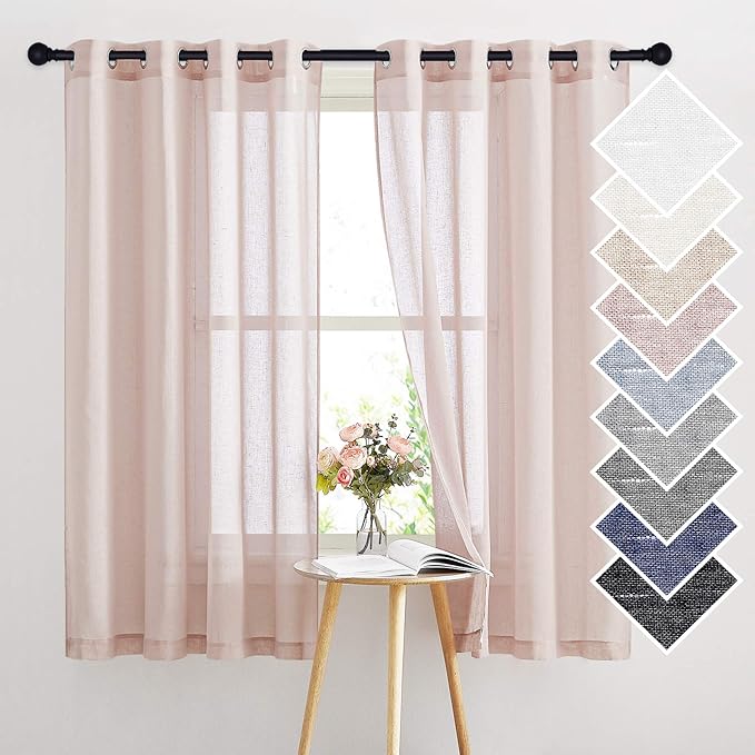 NICETOWN Linen Blend Semi Sheer Curtains 63" L for Nursery, Decorative Grommet Flax Texture Semitransparent Casual Window Treatment Privacy Protect for Flat/Apartment, 52" W, 2 PCs, Dusty Blush