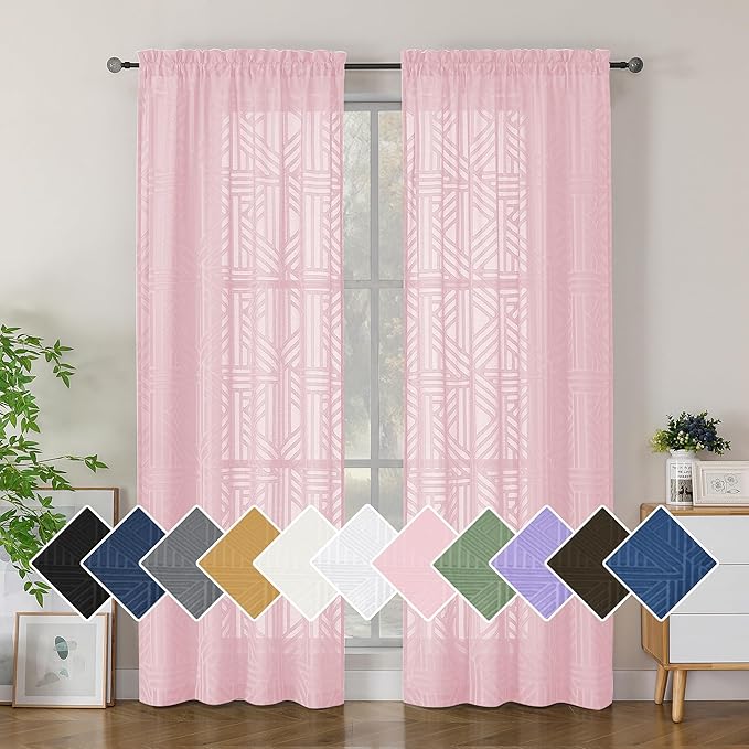 Simplebrand Blush Semi Sheer Curtains 84 Inches Long 2 Panels, Light Filtering Geometric Jacquard Clip Textured Sheer Curtains for Living Room，Modern Elegant Window Curtains Drapes，42x84 inch