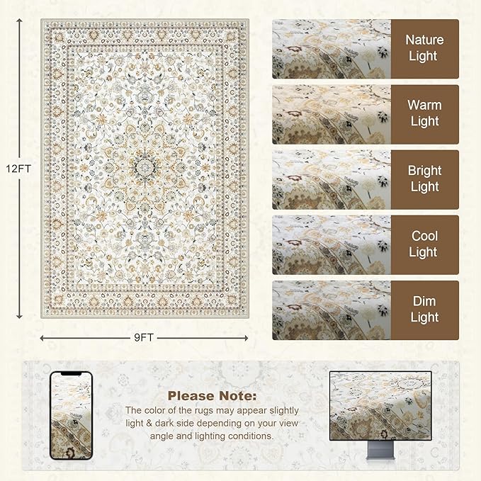 Area Rugs 9x12 Living Room Rug: Washable Rug Soft Vintage Boho Carpet Indoor Floor Non-Slip Stain Resistant Large Carpets for Bedroom Dining Room Farmhouse Nursery Home Office Beige