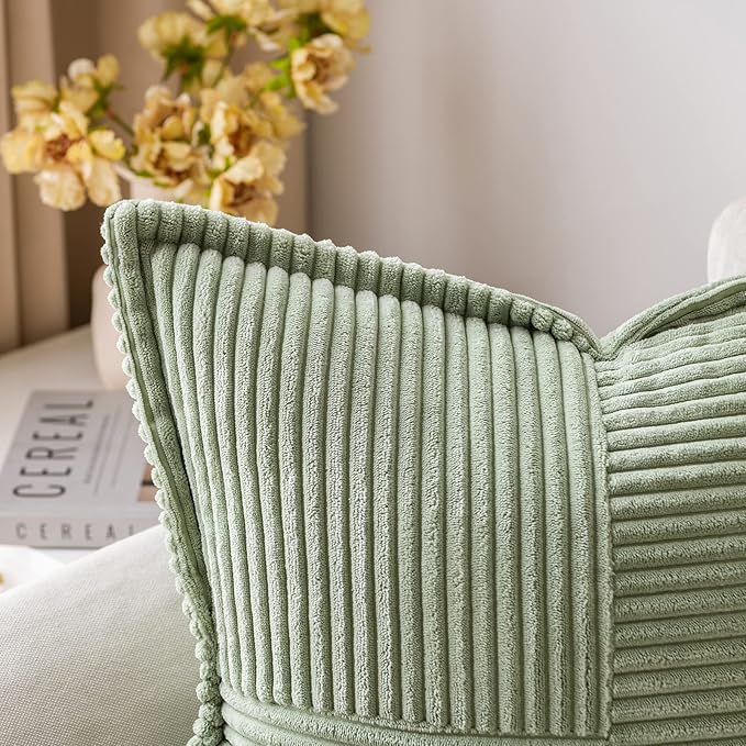 MIULEE Spring Decorative Throw Pillow Covers for Couch Bed Livingroom 18x18 Inch Set of 2 Sage Green Boho Accent Throw Pllows Broadside Striped Patchwork Soft Corduroy Pillowcases