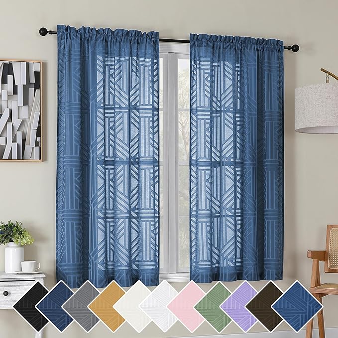 Simplebrand Dusty Blue Semi Sheer Curtains 54 Inch Length 2 Panels, Geometric Jacquard Clip Textured Curtains for Bedroom, Modern Elegant Window Drapes/Treatment, 42x54 Inch