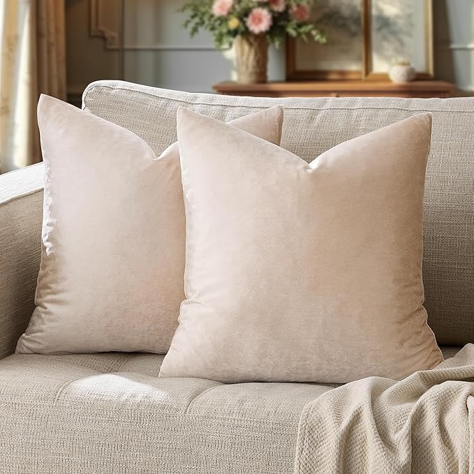 GIGIZAZA Beige Pillow Covers 20x20: Pack of 2 Super Soft Velvet Throw Pillows Solid Vintage Covers - Decorative Elegant Champagne Couch Big Square Cushion Covers Used for Living Room,Bedroom