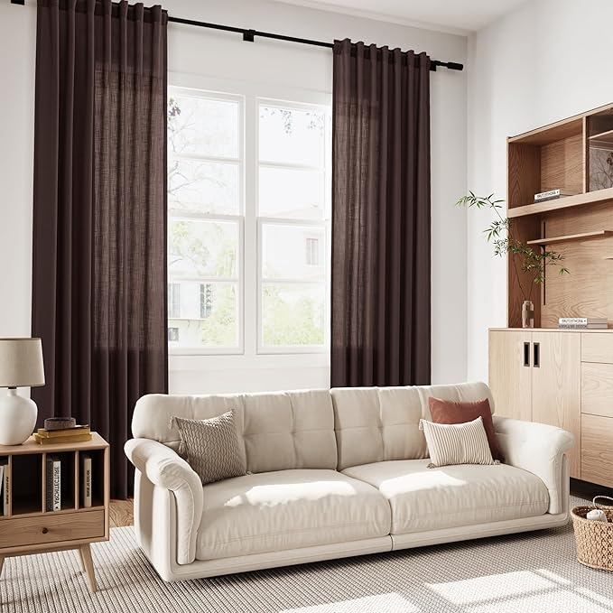 Coffee Brown Curtains 72 inch Length for Living Room/Study Room Back Tab Rod Pocket Linen Semi Sheer Modern Farmhouse Curtain Coastal Decor Cotton Textured Gauze for Dining Room Office 2 Panels