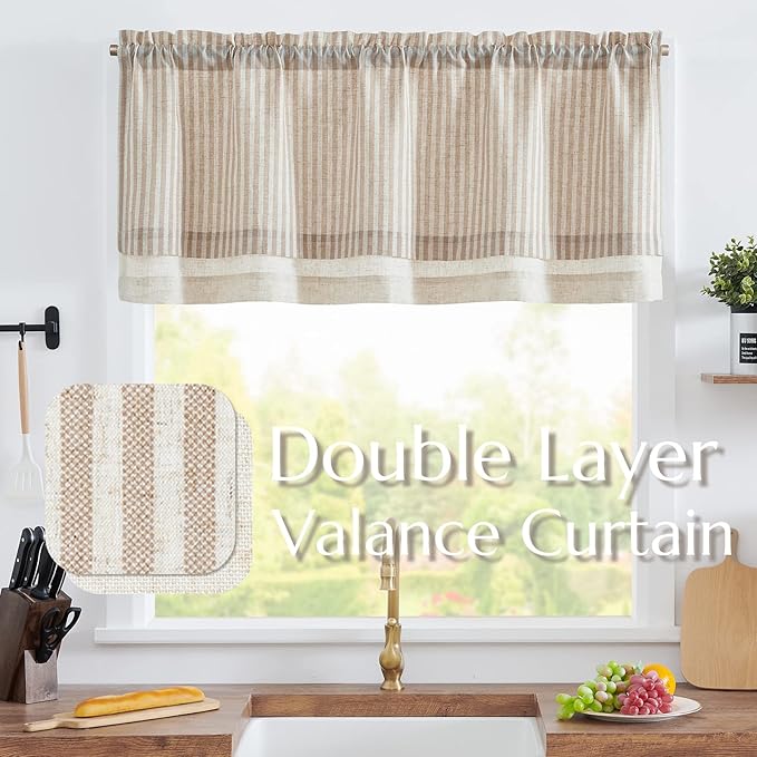 jinchan Linen Valance Curtain Striped Small Window Curtain Double Layer Light Filtering Modern Farmhouse Valance for Kitchen Living Room Bedroom 18 Inch Rod Pocket 1 Panel Taupe on Beige
