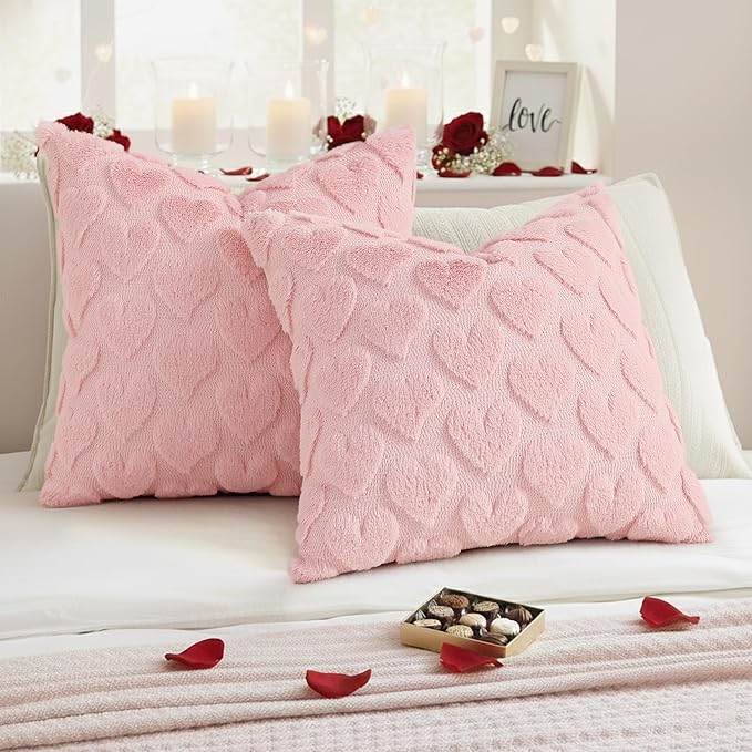 decorUhome Valentine’s Day Soft Plush Throw Pillow Covers 20x20 Inch Set of 2, Faux Fur Pink Heart Decoration Neutral Square Pillow Covers for Couch Sofa Bed Cozy Farmhouse Holiday Decor