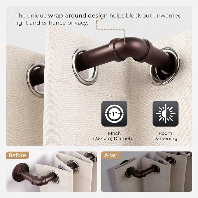Zeerobee Curtain Rods for Windows 120 to 240, 1 Inch Industrial Wrap Around Matte Dark Brown Curtain Rod, Indoor/Outdoor Room Divider Adjustable Drapery Pole, 120"-240"