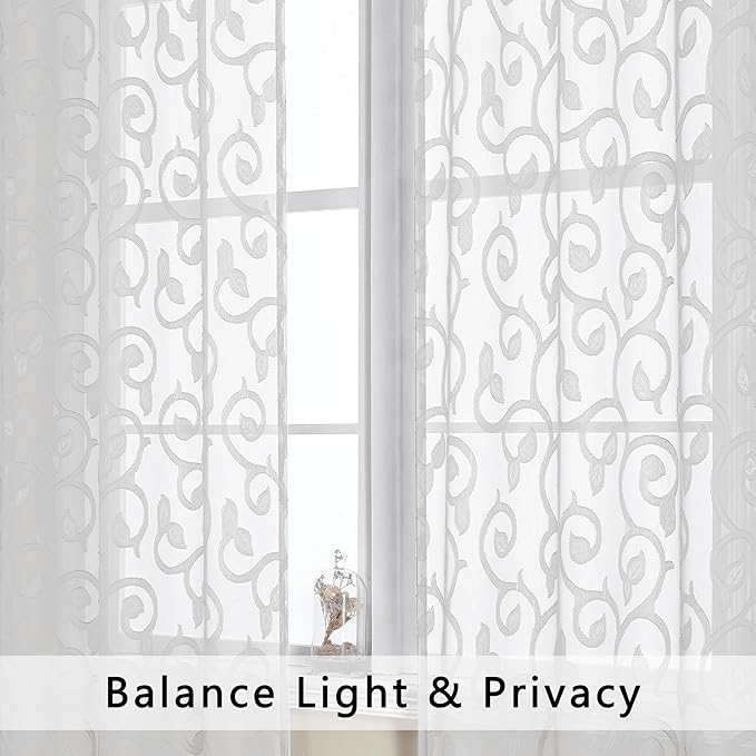 OWENIE Furman Sheer Curtains 63 inch Length for Bedroom Living Room 2 Panels Set, Jacquard Clip Textured Semi Sheer White Curtains, Light Filtering Rod Pocket Farmhouse Window Treatments, 40Wx63L inch