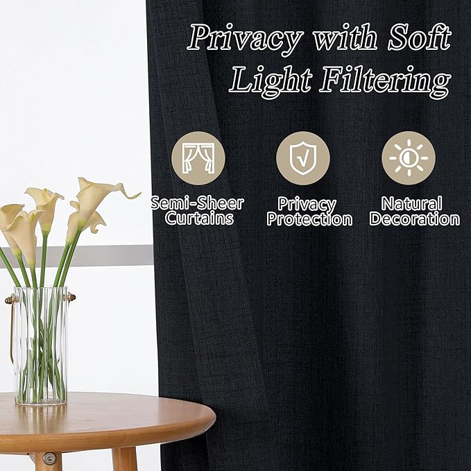 OVZME Black Valance for Windows, Light Filtering Faux Linen Textured Small Kitchen Valances for Windows, Dual Rod Pocket Farmhouse Short Curtain for Bathroom Basement, 60Wx20L inch, 1 Piece