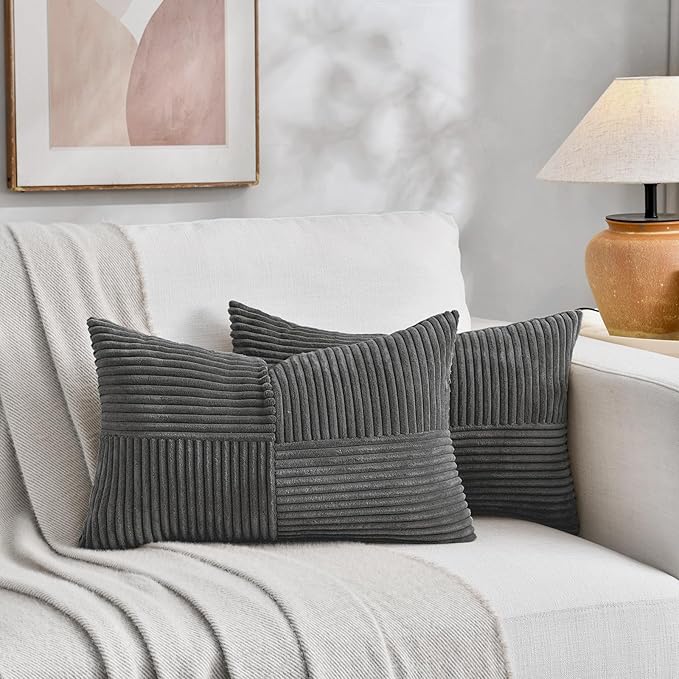 Fancy Homi 2 Packs Dark Gray Lumbar Decorative Throw Pillow Covers 12x20 Inch for Living Room Couch Bed Sofa, Farmhouse Home Decor, Soft Striped Corduroy Rectangle Accent Cushion Case 30x50 cm
