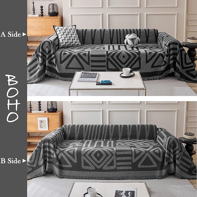 HANDONTIME Boho Geometric Couch Covers for Sofa Pet Friendly Dark Grey and Black Sofa Covers Washable Chenille Couch Blanket Cover for 3 Cushion Couches Pet Protector Furniture Cover Soft, 71" X 150"
