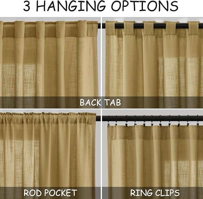 Extra Long Gold Linen Curtains 120 Inch for Living Room 2 Panels Set Rod Pocket Back Tab Light Filtering Semi Sheer Linen Window Drapes Privacy High Ceiling Drapes for Farmhouse 52x120