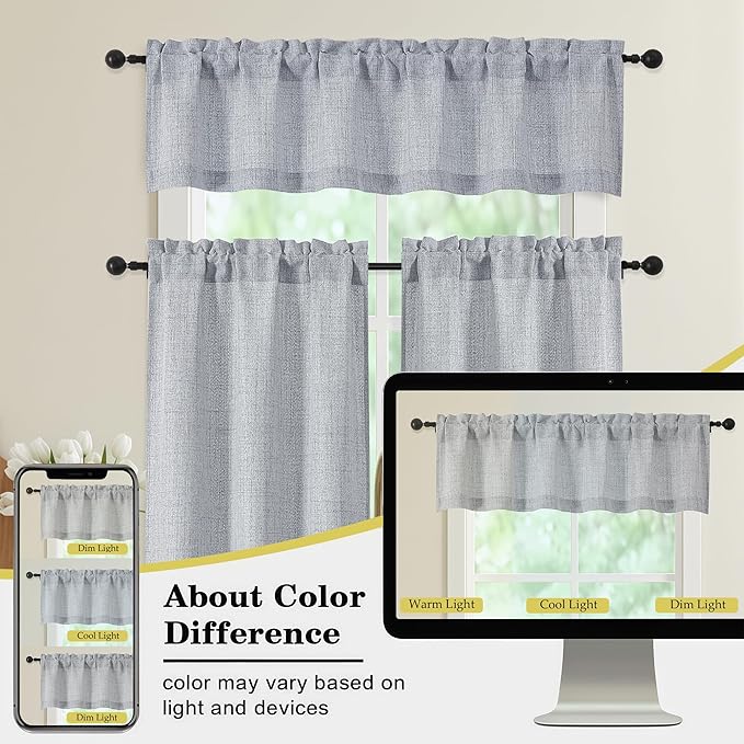 Valances for Windows, Light Filtering Faux Linen Textured Small Short Valance Curtains for Bathroom Basement Farmhouse, Rod Pocket Top Half Curtains for Windows, Gray 52Wx12L Inch
