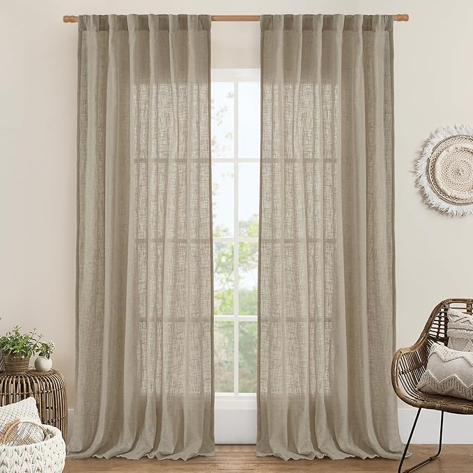 LAMIT Taupe Sheer Linen Curtains, 102 inch Light Filtering Semi Sheer Panels Back Tab and Rod Pocket Farmhouse Rust Drapes for Bedroom/Living Room, 2 Panels, 52 x 102 Inch