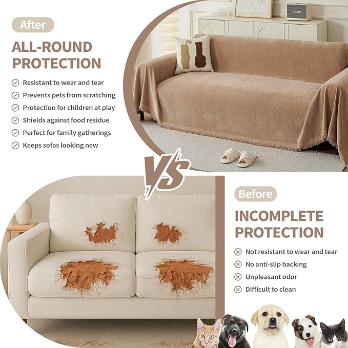 Couch Cover for Dogs, Boho Sofa Covers for 3 Cushion Couch, Chenille Sofa Slipcover for Pets Washable, L-Shape Sectional Couch Loveseat Cover Soft Throw Blankets with Tassels(91x134,Khaki)