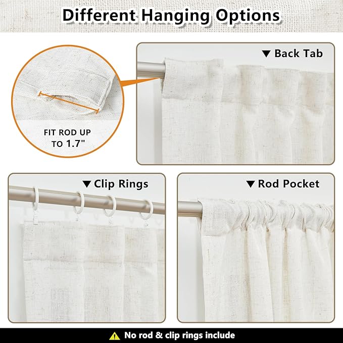 MYSKY HOME Linen Curtains for Sliding Door, Farmhouse Semi Sheer Ceiling Curtains Living Room Light Filtering Back Tab Elegant Style Soft Fabric, 50" x 95", Linen, 2 Panels