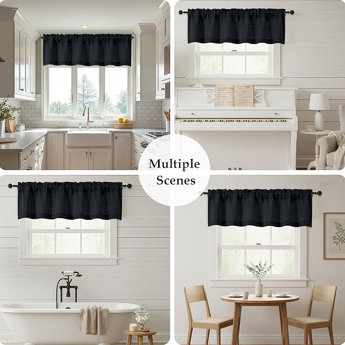 OWENIE Black Valances for Windows 1 Pcs 22 Inch Length, Light Filtering Textured Short Small Valance Curtains for Bathroom Basement Living Room Bedroom, Half Window Curtains Over Sink, 60" W by 22" L