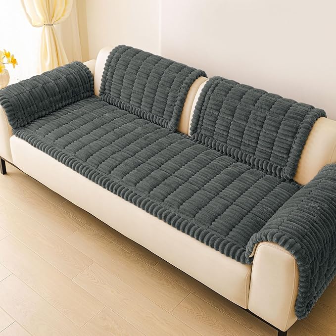 hyha Couch Covers for Dogs Washable, Non Slip Plush Dog Sofa Protectors, Fuzzy Pet Couch Covers for 3 Cushion Sofa Pet Friendly (Dark Grey, 27.6" x 82.7")