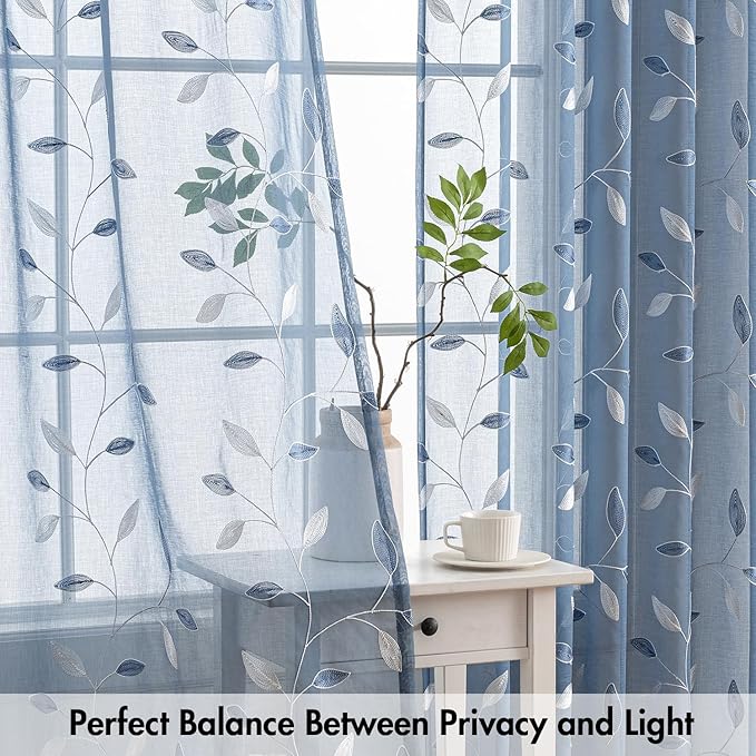 MIULEE Dusty Blue Sheer Curtains 2 Panels Embroidered Leaf Patterned Rod Pocket Floral Semi Sheer Faux Linen Window Curtains Drapes Set for Living Room Bedroom Dining Room, 52x84 Inches Long
