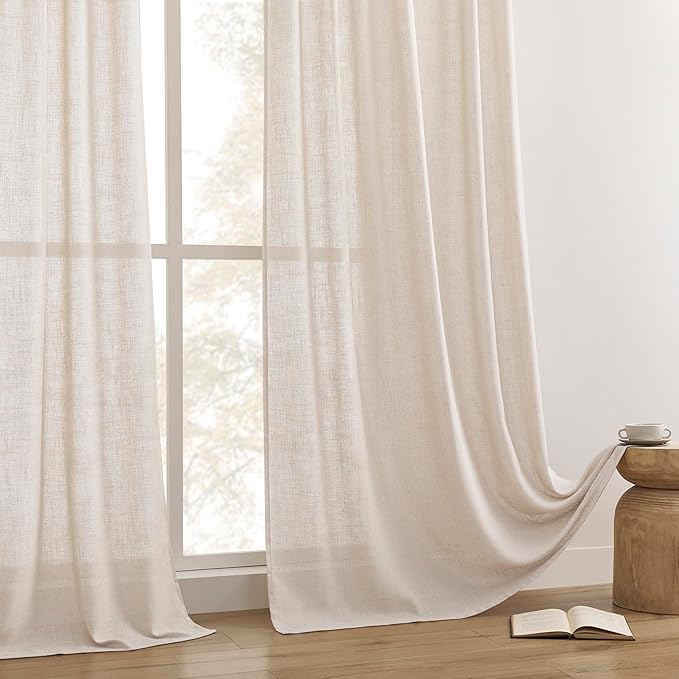 Joydeco Linen Curtains for Living Room,Semi Sheer Drapes Window Long Curtains 90 inches Long Pink Beige
