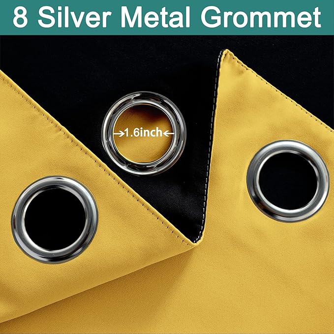 Yakamok Thermal Insulated Full Blackout Curtains 72 Inches Long, Double Layer Full Room Darkening Noise Reducing Grommet Curtains for Bedroom(Mustard Yellow, 2 Panels)
