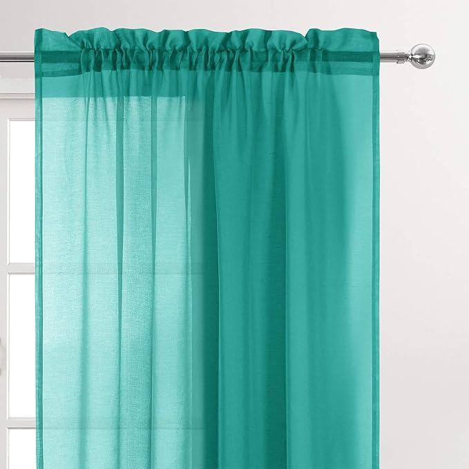 DWCN Teal Sheer Curtains Semi Transparent Voile Rod Pocket Curtains for Bedroom and Living Room, 52 x 54 inches Long, Set of 2 Panels