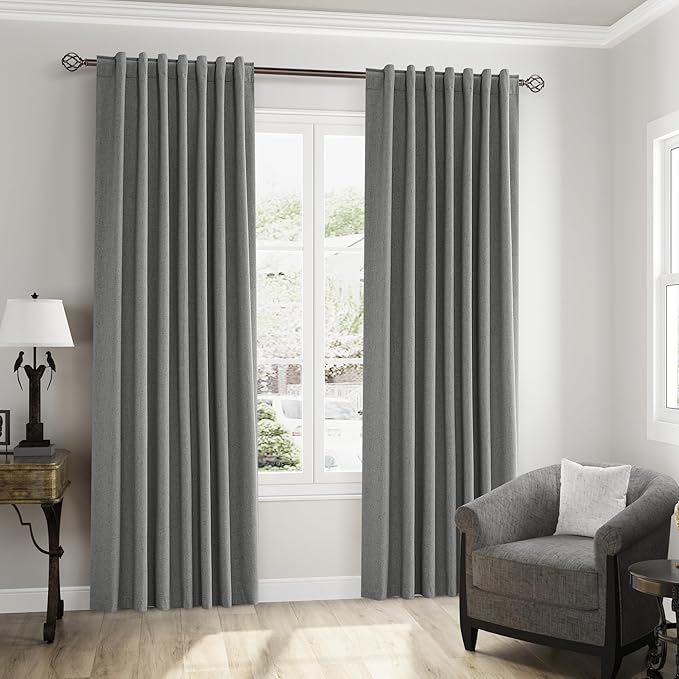 Guken 100% Blackout Linen Curtains 120 Inch Length 2 Panels Set for Living Room Bedroom Back Tab Thermal Insulated Black Out Linen Drapes Room Darkening Window Curtains,Dark Grey