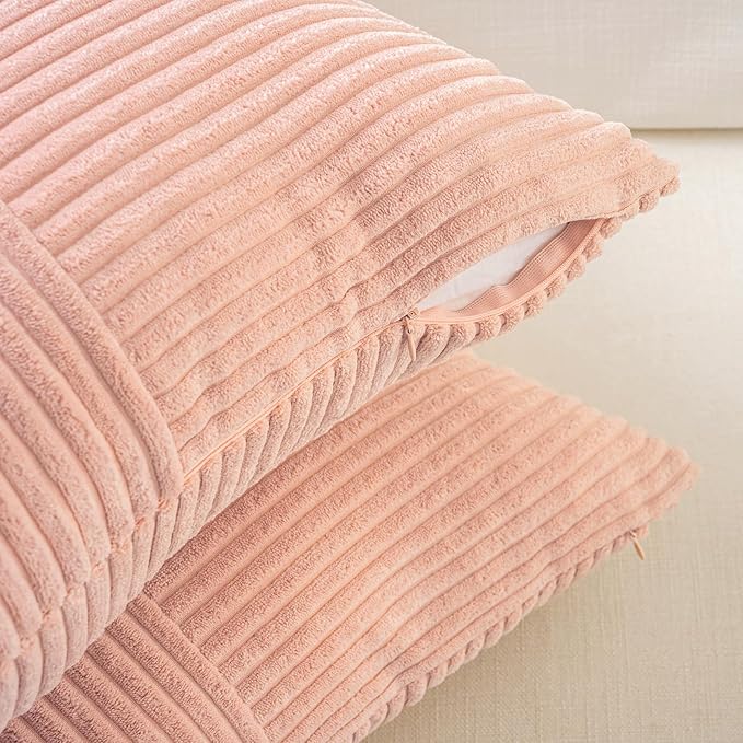 Fancy Homi 2 Packs Peach Lumbar Decorative Throw Pillow Covers 14x24 Inch for Living Room Couch Bed Sofa, Rustic Farmhouse Boho Home Decor, Soft Striped Corduroy Rectangle Accent Cushion Case 35x60 cm
