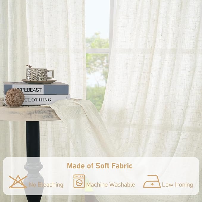 LAMIT Linen Semi Sheer Curtains 45 Inch Length, Cream Light Filtering Short Linen Neutral Decorative Window Curtains with Bronze Grommet for Bedroom/Farmhouse, 2 Panels Set, 52 x 45 Inch