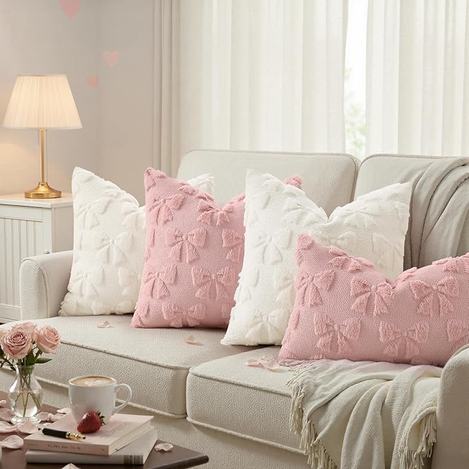 decorUhome Pink Bow Pillow Covers Set of 2 Coquette Aesthetic Cute Preppy Plush Faux Pillowcases for Girly Bedroom or Couch 12x20 Inch
