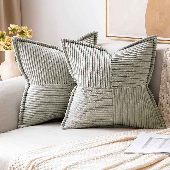 MIULEE Light Grey Corduroy Pillow Covers 16x16 Inch with Splicing Set of 2 Soft Boho Striped Pillow Covers Broadside Decorative Textured Pillowcases for Couch Cushion Bed Livingroom