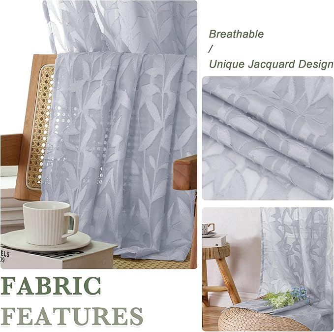 Lecloud Leia Light Grey Sheer Curtains 54 Inch Length 2 Panels, Light Reducing Jacquard Textured Leaf Voile Bedroom Curtains, Gauzy Clip Short Drapes with Dual Rod Pocket, 40 W x 54 L